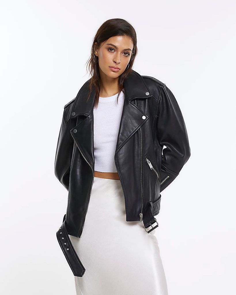 Womens Black Ri Studio Leather Oversized Jacket