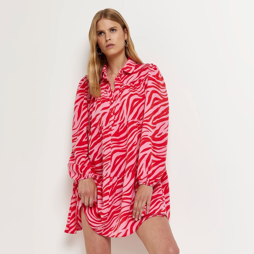 Womens Pink Long Sleeve Zebra Print Mini Shirt Dress
