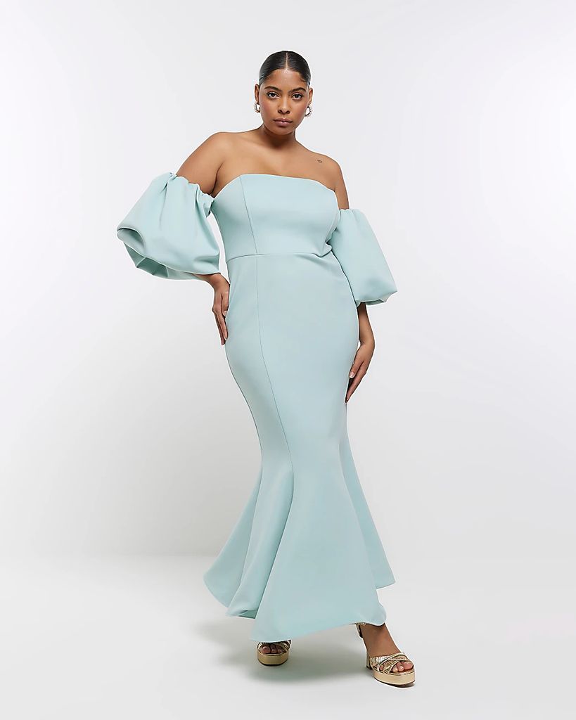 Womens Plus Blue Puff Sleeve Bardot Maxi Dress