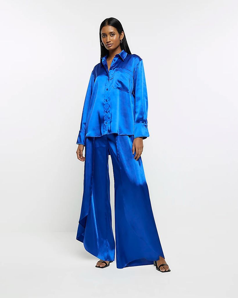 Womens Blue Satin Wrap Over Wide Leg Trousers