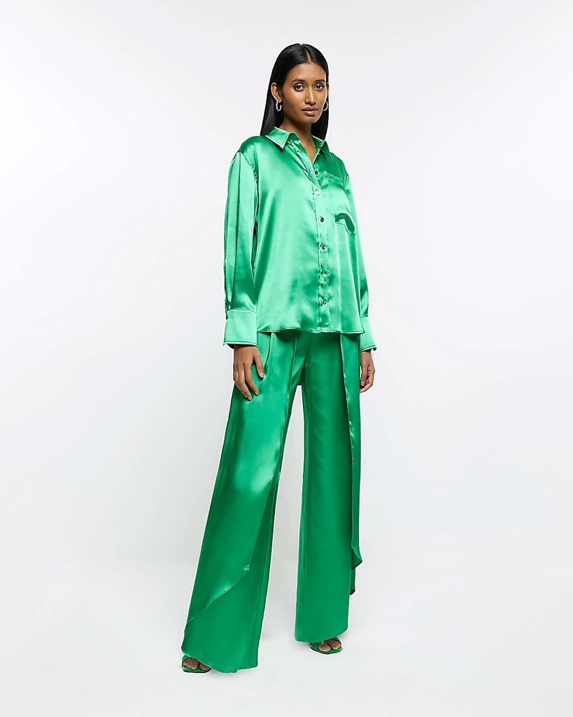 Womens Green Satin Wrap Over Wide Leg Trousers