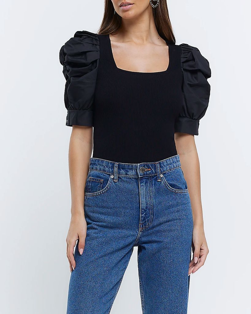 Womens Black Ruched Short Sleeve Top