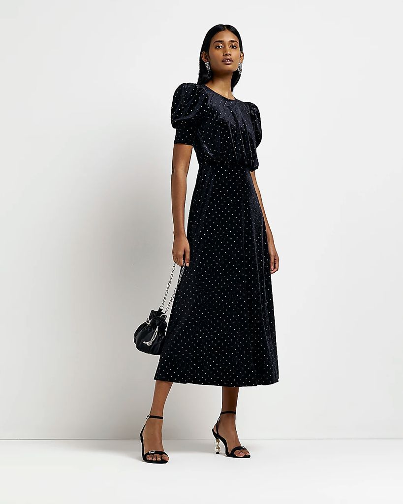 Womens Black Velvet Studded Midi Dress