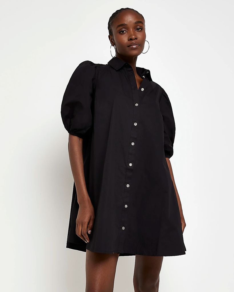 Womens Black Smock Mini Shirt Dress
