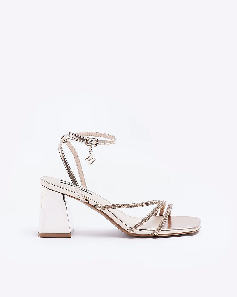 Womens Rose Gold Strappy Block Heeled Sandals