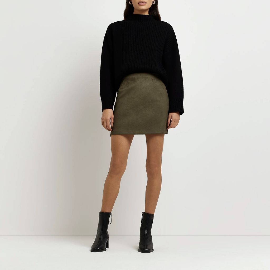 Womens Khaki Faux Suede Mini Skirt