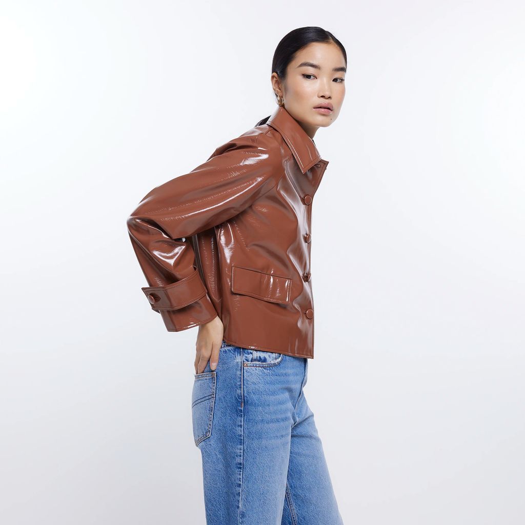 Womens Brown Faux Leather Vinyl Jacket