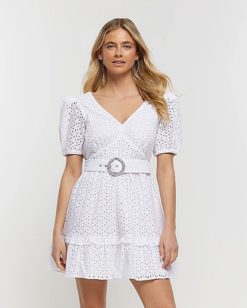 Womens White Broderie Belted Swing Mini Dress