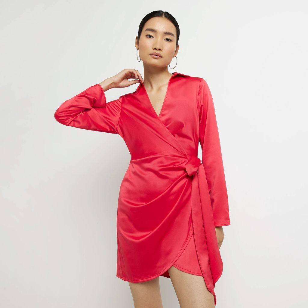 Womens Red Satin Wrap Mini Dress
