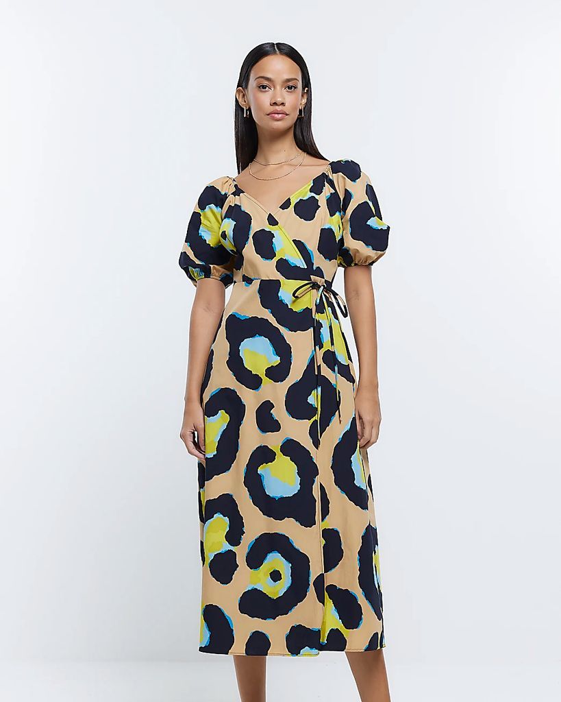 Womens Beige Animal Print Wrap Midi Dress