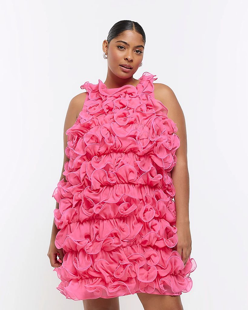 Womens Plus Pink Ruffle Smock Mini Dress