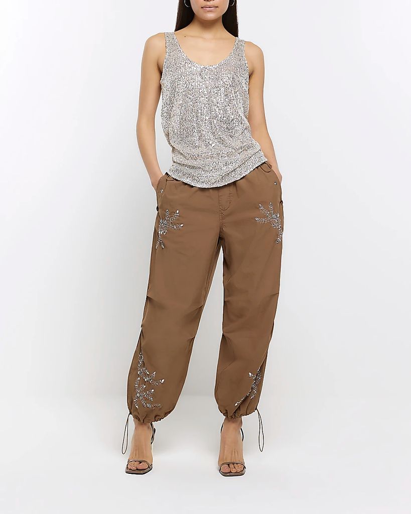 River Island Womens Brown Embellished Parachute Trousers