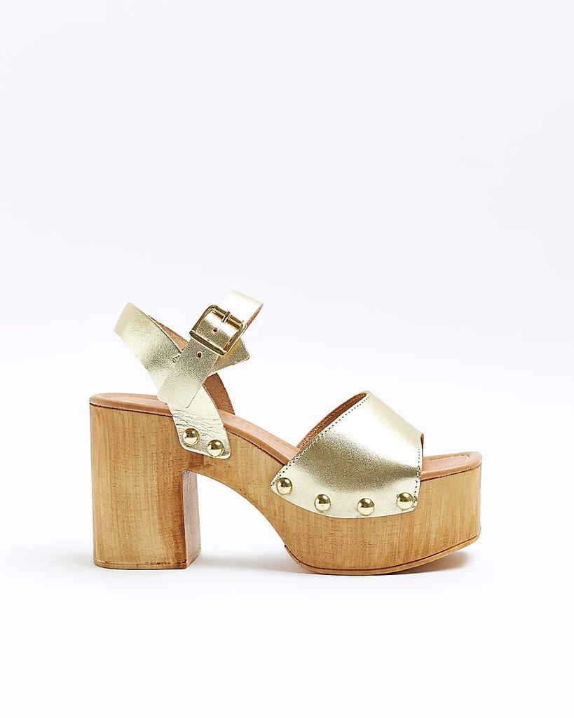 River Island Womens Gold Leather Heeled Clogs