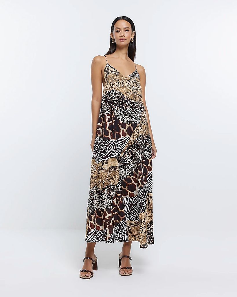 Womens Brown Animal Print Slip Maxi Dress