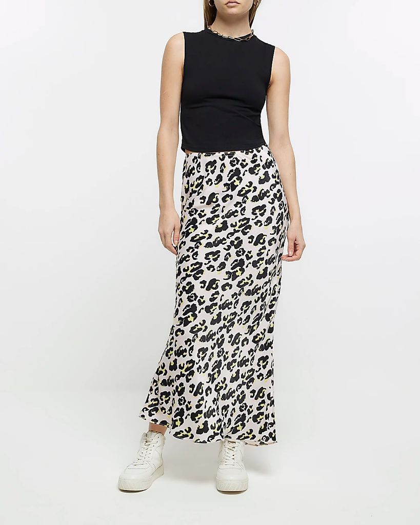 Womens Pink Satin Leopard Print Maxi Skirt