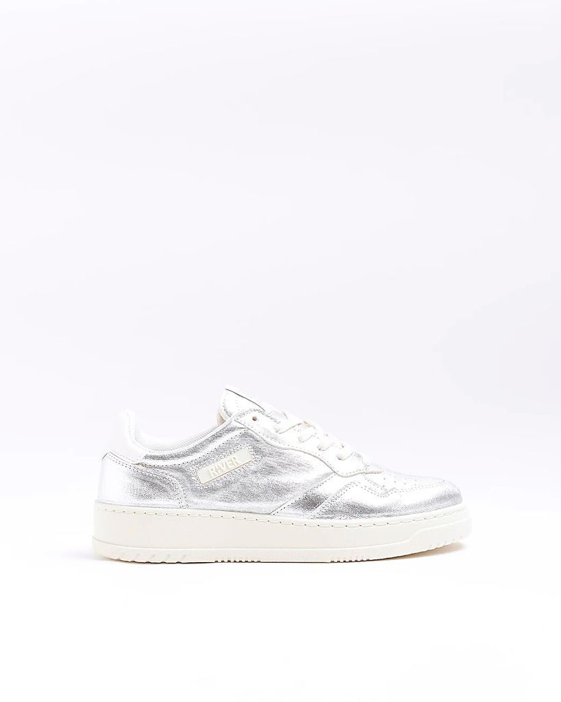 Womens Silver Metallic Lace Up Trainers