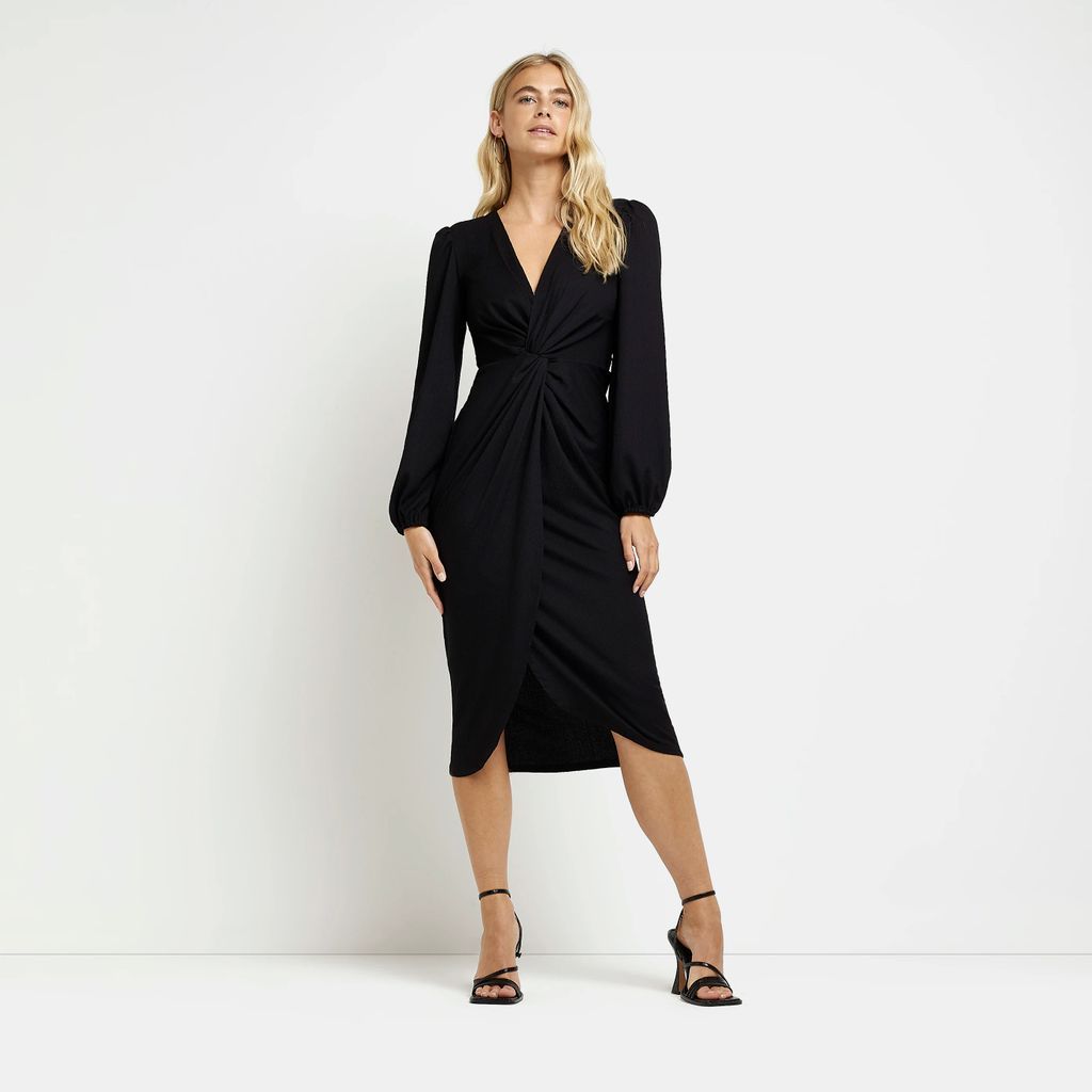 Womens Black Long Sleeve Twist Midi Dress