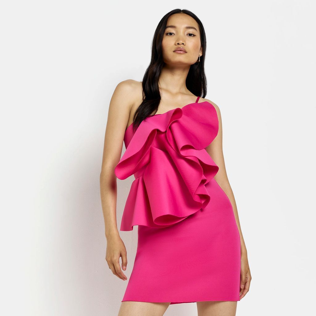 Womens Pink One Shoulder Frill Mini Dress