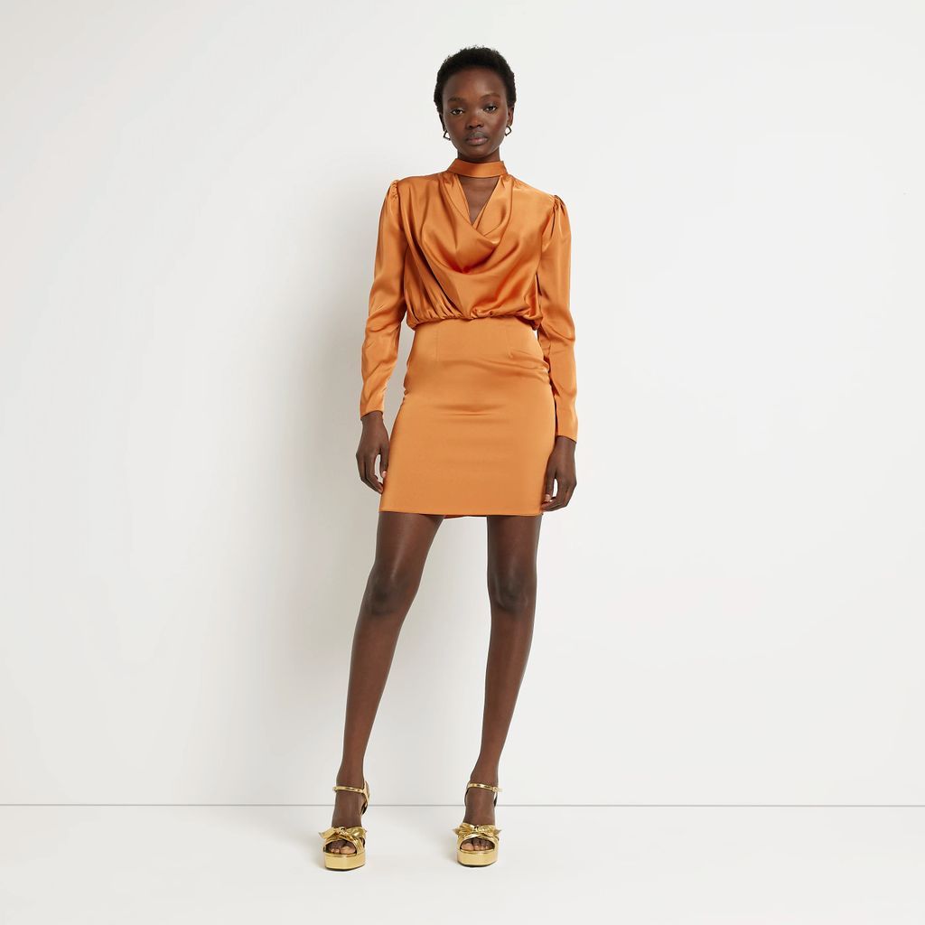 Womens Orange Satin Cowl Neck Mini Dress