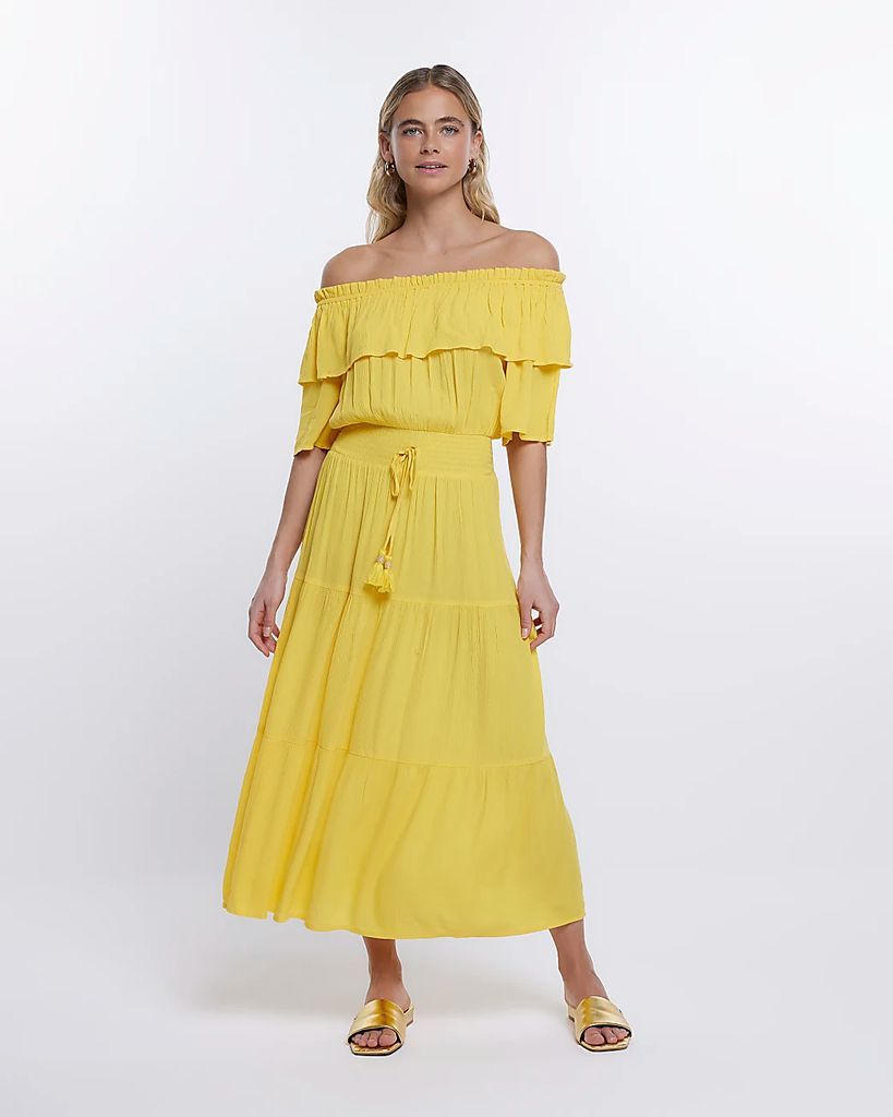 Womens Yellow Maxi Bardot Dress