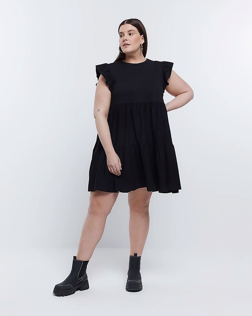 River Island Womens Plus Black Frill Sleeve Smock Mini Dress