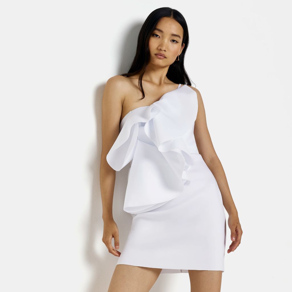 Womens White One Shoulder Frill Mini Dress