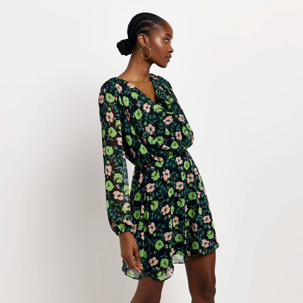Womens Green Floral Cowl Neck Shift Mini Dress