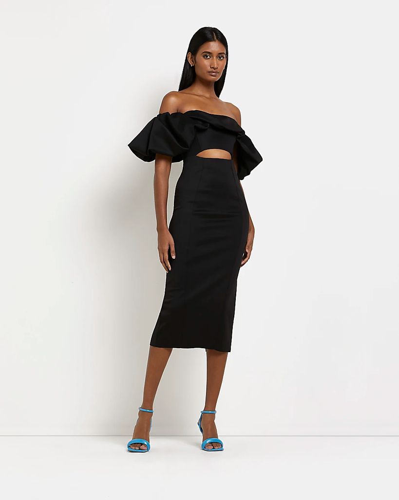 Womens Black Bardot Bodycon Midi Dress