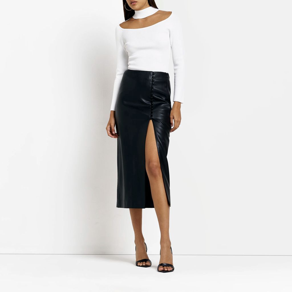 Womens Black Faux Leather Split Hem Midi Skirt