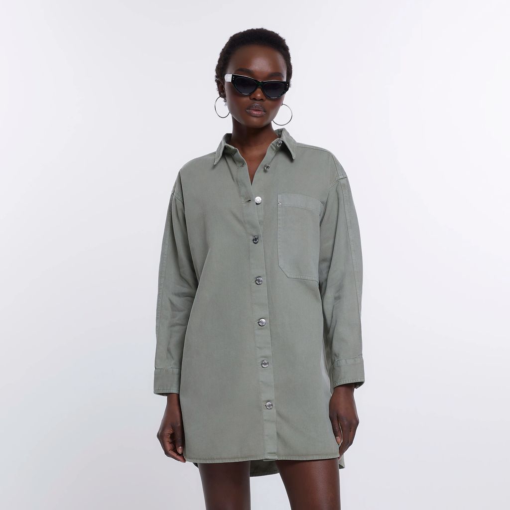 Womens Khaki Long Sleeve Mini Shirt Dress