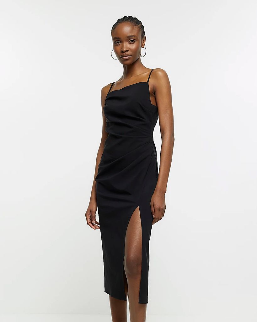Womens Black Ruched Side Slip Midi Dress