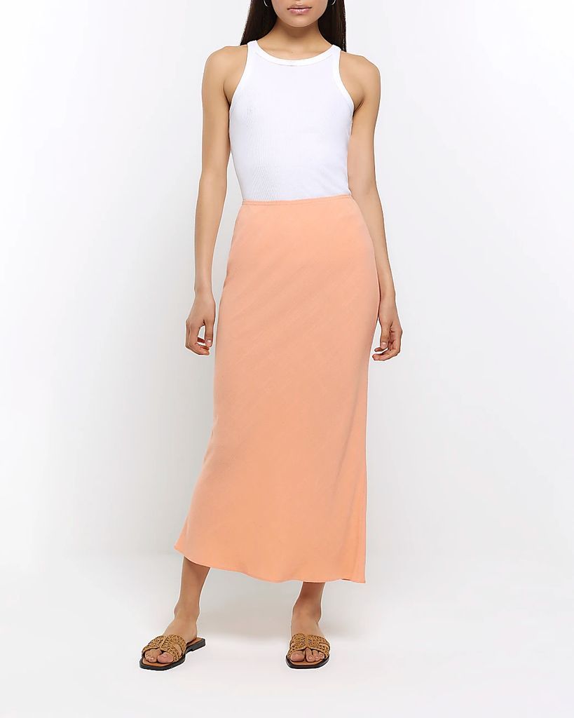 Womens Orange Linen Blend Maxi Skirt
