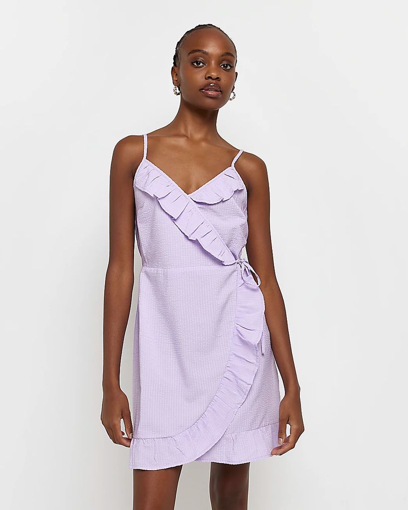 Womens Purple Frill Wrap Slip Mini Dress