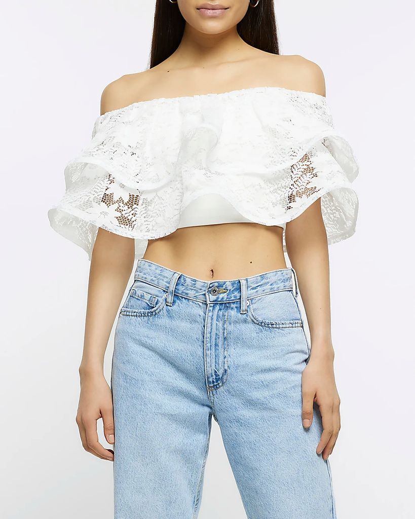 Womens White Lace Floral Frill Bardot Top