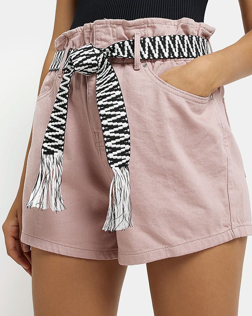 Womens Pink Belted Paperbag Shorts