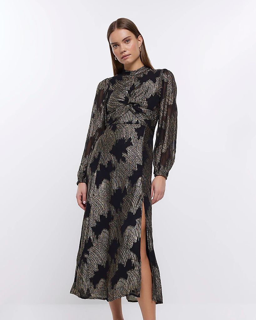 Womens Black Jacquard Long Sleeve Midi Dress