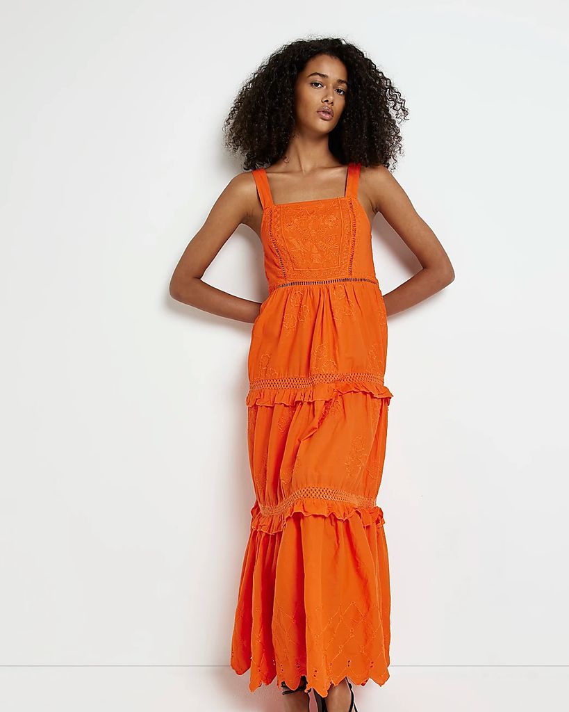 Womens Orange Broderie Maxi Dress
