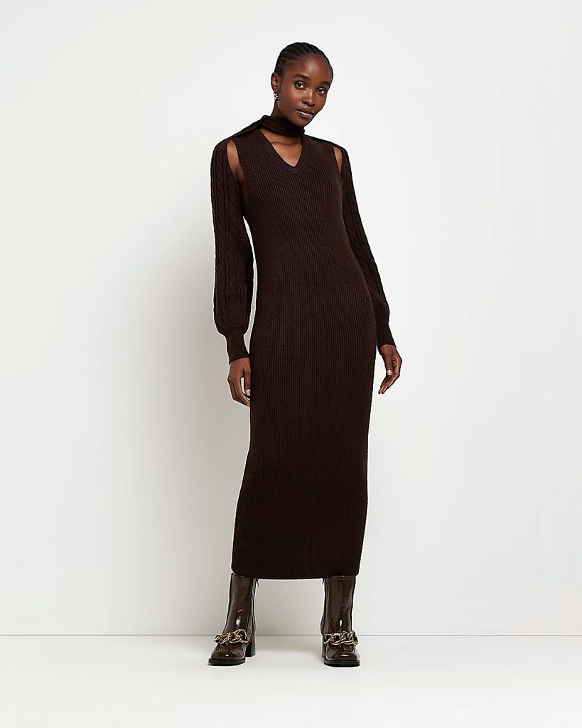 Womens Brown Knit Cut Out Bodycon Midi Dress