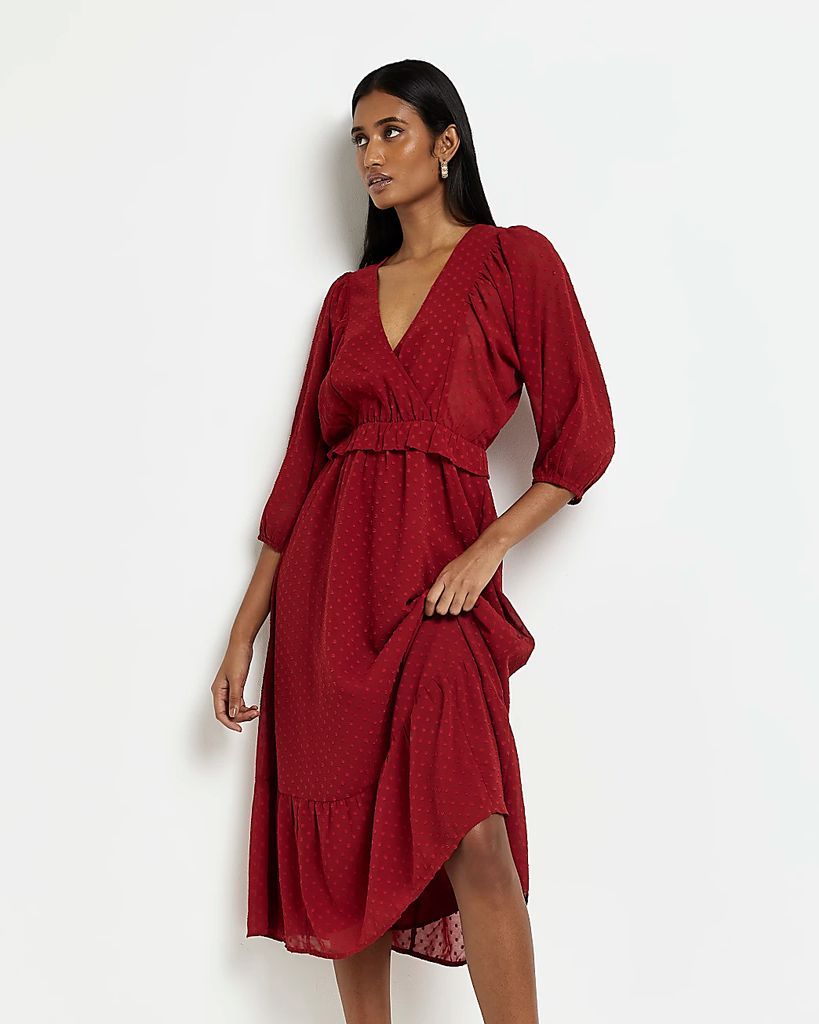 Womens Red Frill Wrap Midi Dress