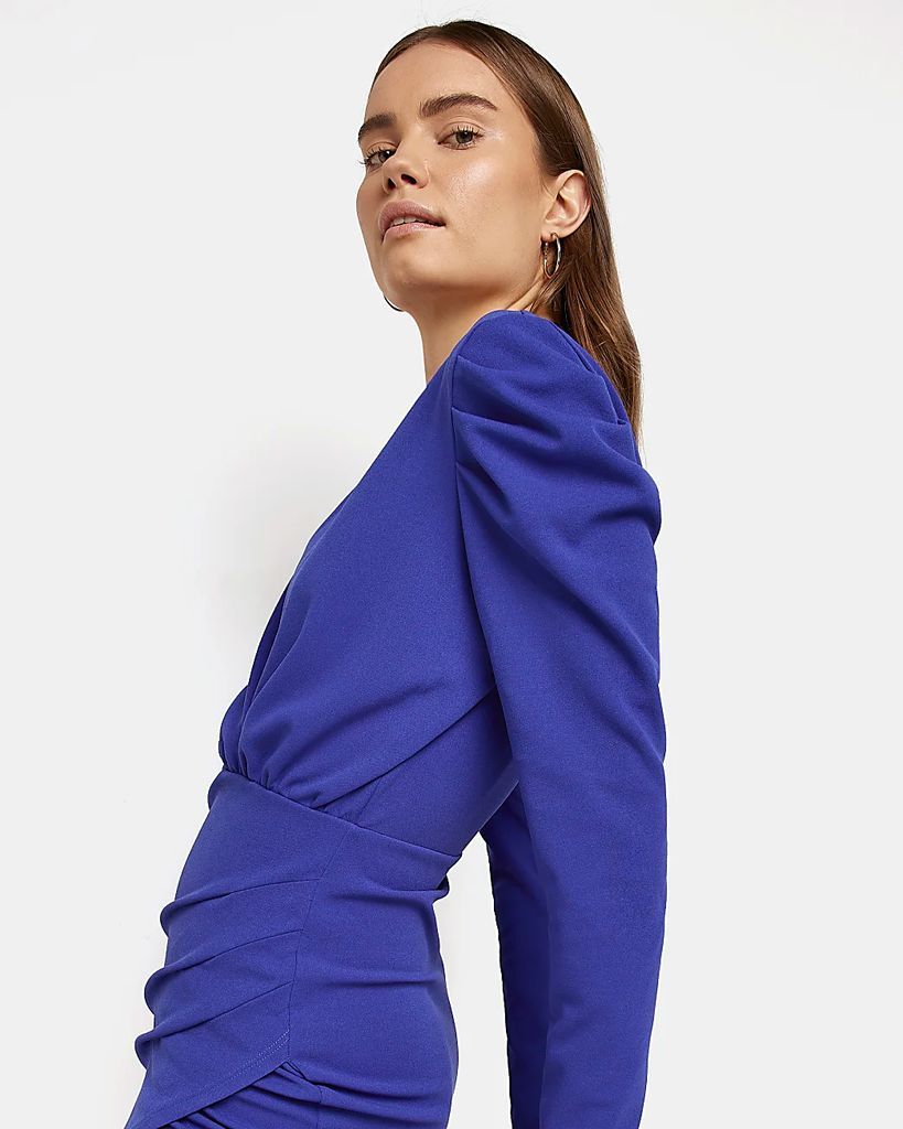 Womens Blue Long Sleeve Wrap Mini Bodycon Dress