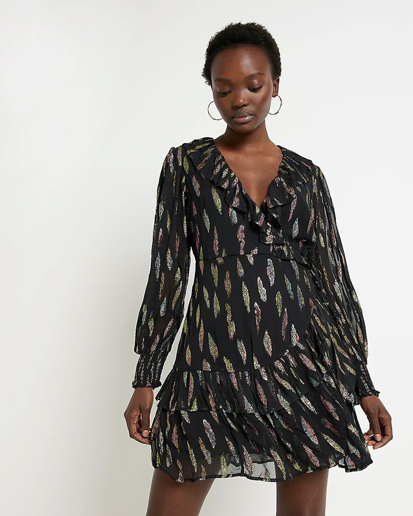 Womens Black Jacquard Printed Wrap Mini Dress