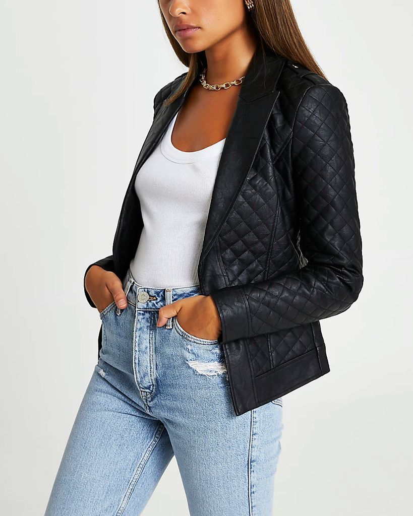Womens Black Faux Leather Quilted Blazer