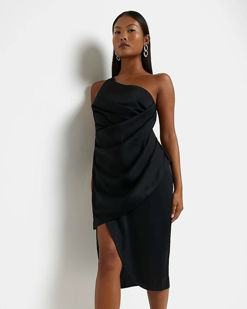 Womens Petite Black Satin Wrap Midi Dress