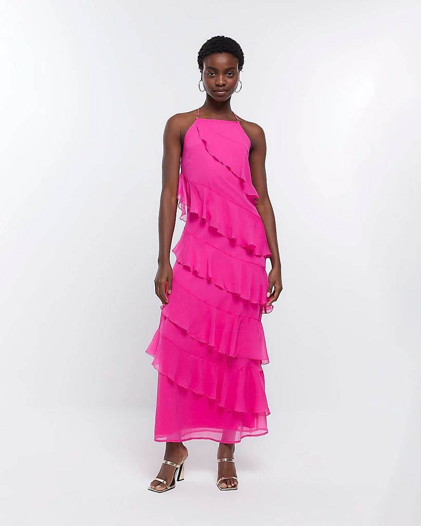 Womens Pink Ruffle Maxi Dress