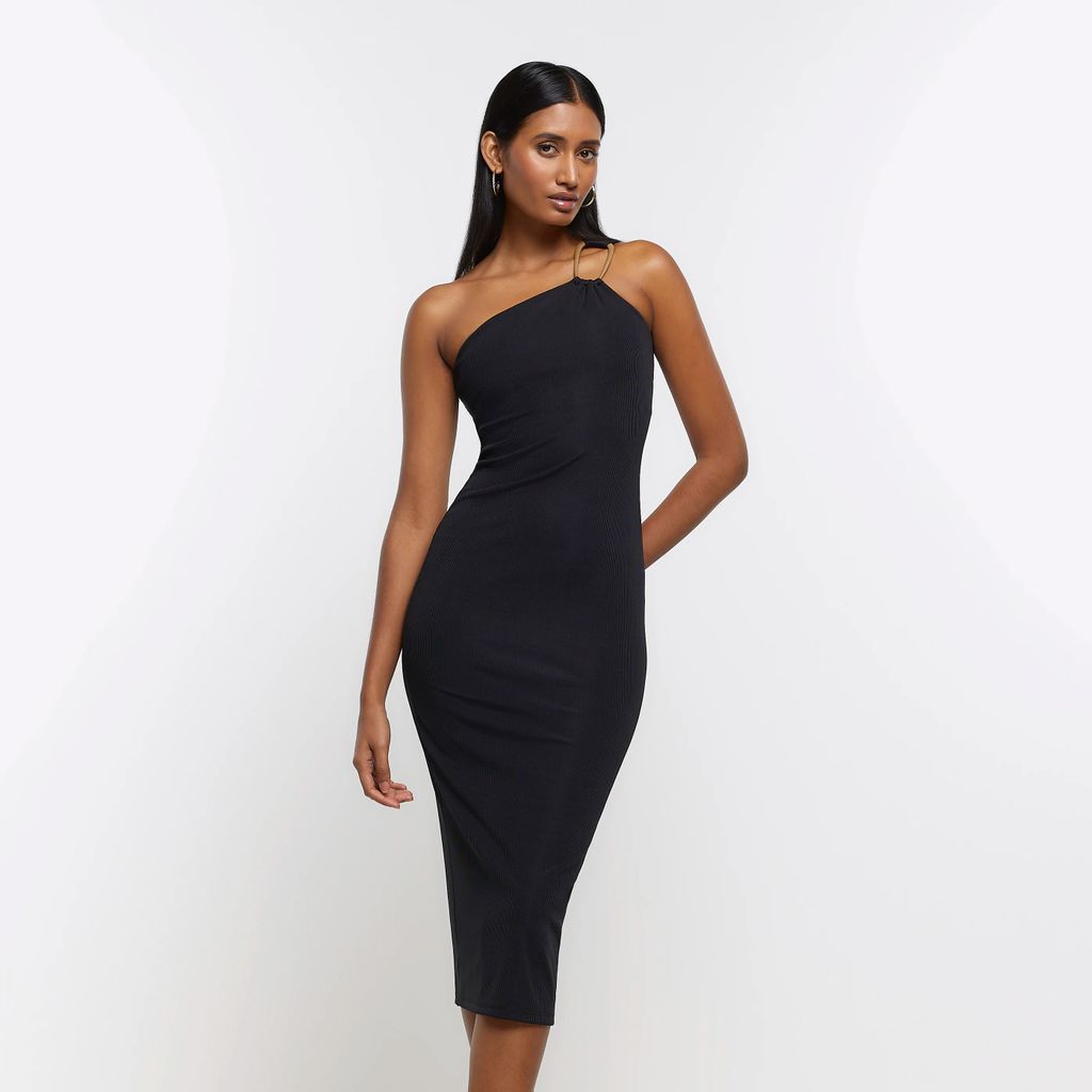 Womens Black Asymmetric Bodycon Midi Dress
