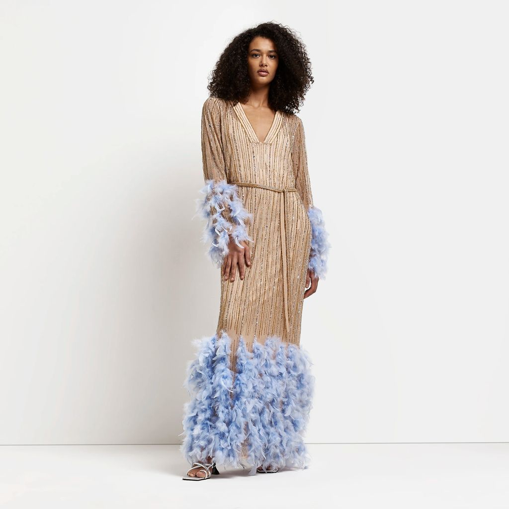 Womens Gold Sequin And Feather Shift Maxi Dress