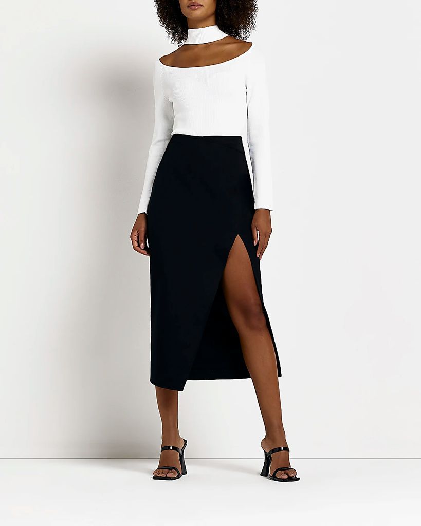 Womens Black Split Hem Pencil Midi Skirt