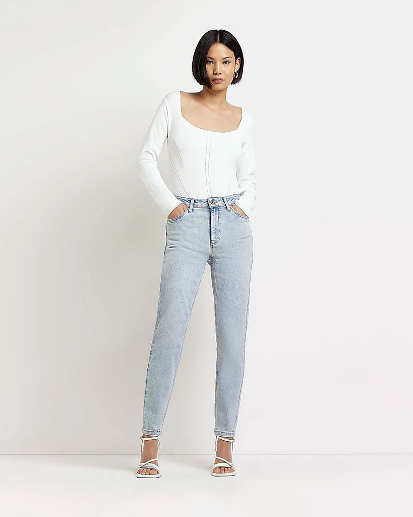 River Island Womens Blue Mid Rise Stretch Slim Fit Mom Jeans
