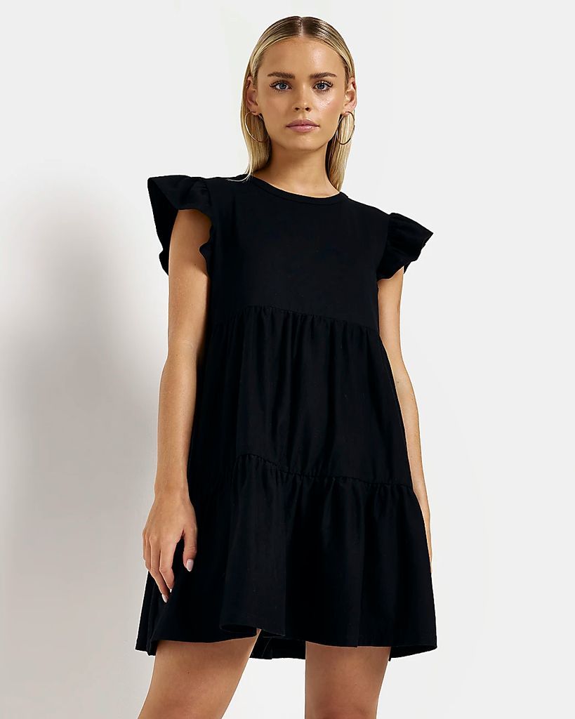 Womens Petite Black Frill Smock Mini Dress