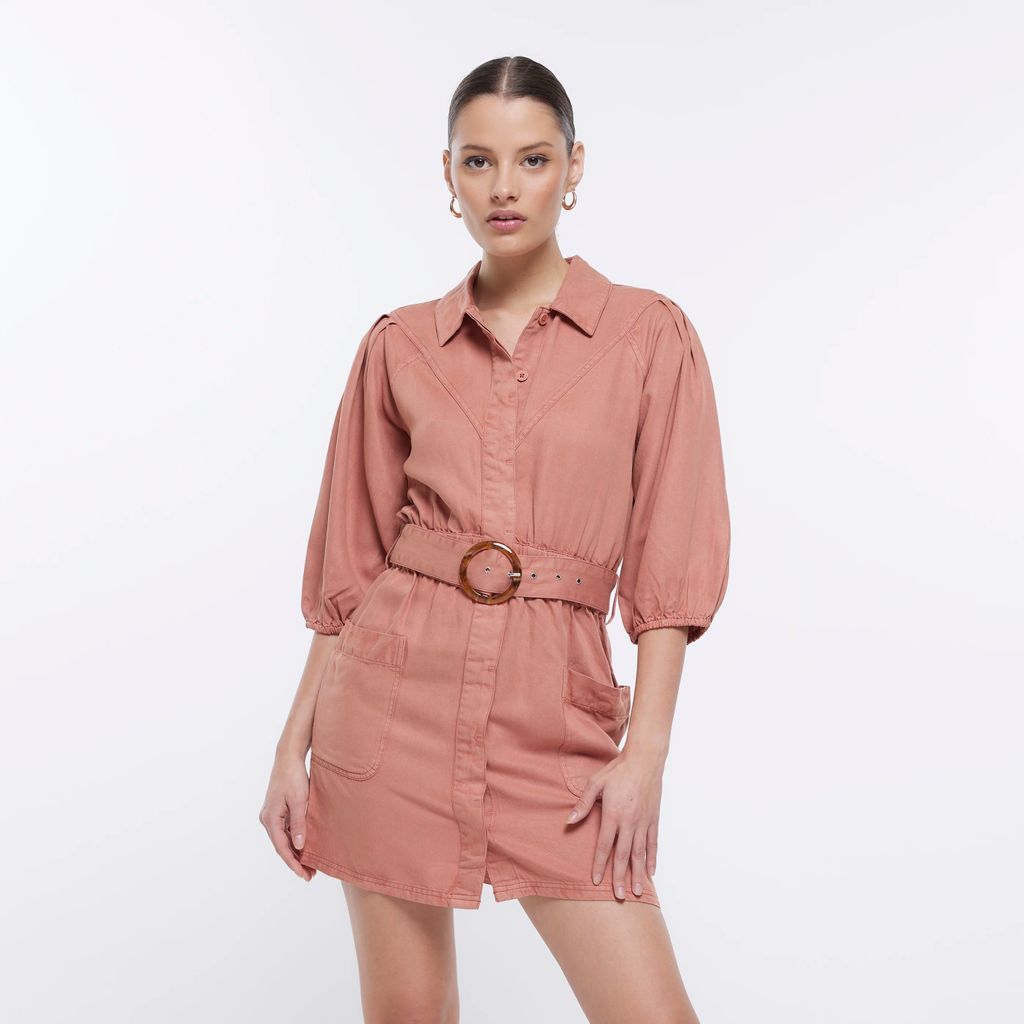 Womens Pink Puff Sleeve Mini Shirt Dress